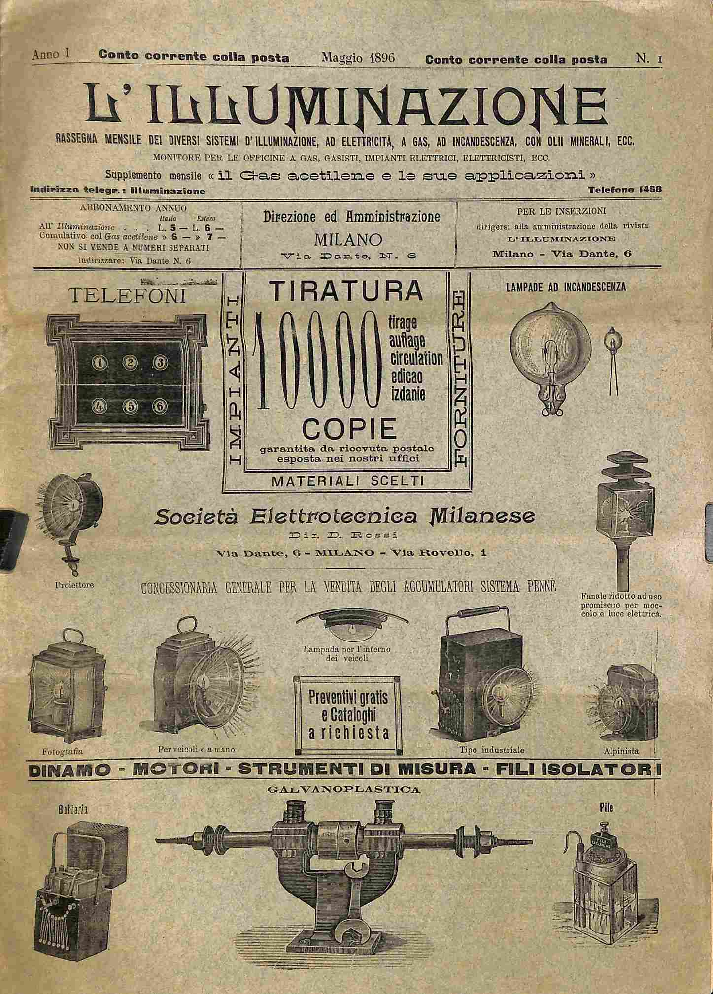 L'illuminazione. Rassegna mensile dei diversi sistemi d'illuminazione...anno I, n. 1, maggio 1896